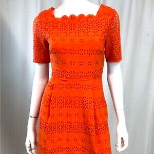 $158 Banana Republic 2P Orange Eyelet Laser Cut Out Pleated Scallop Sheath Dress
